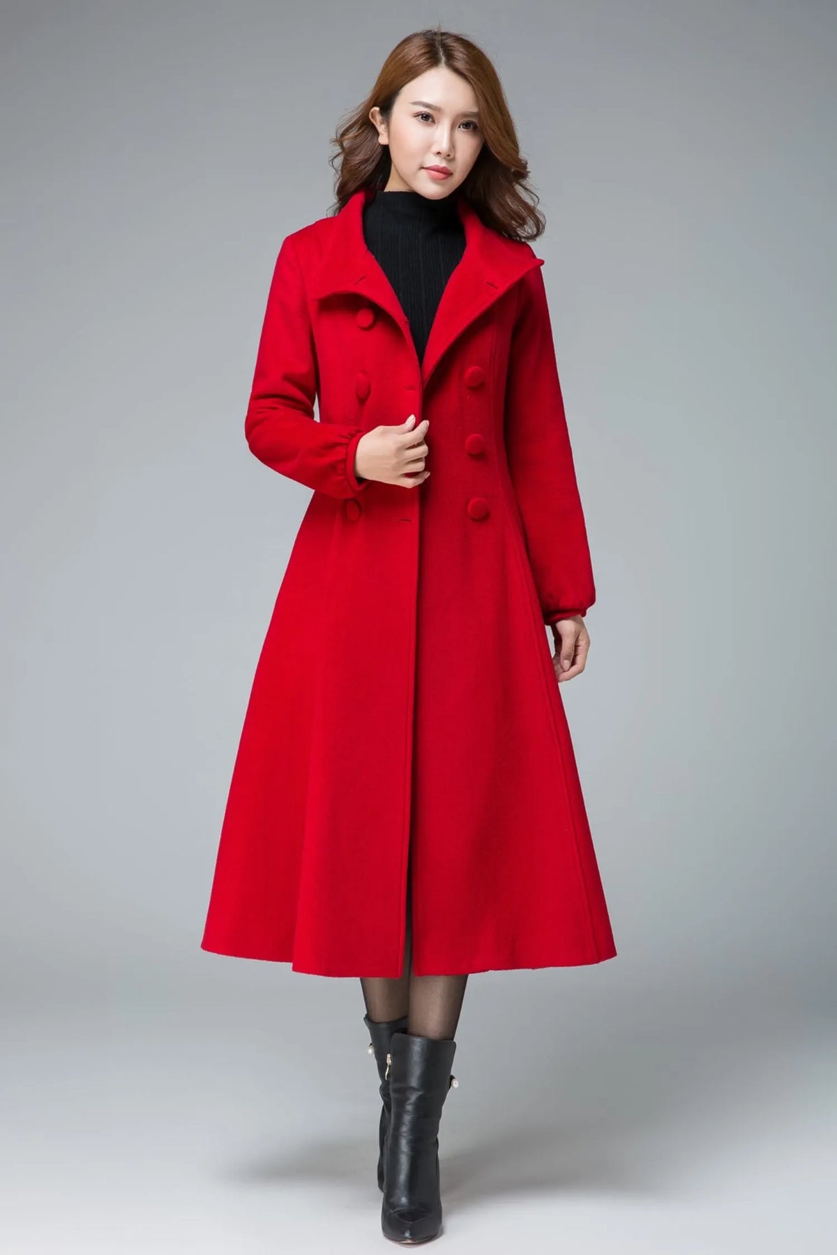 Red Wool Coat – Handmade Vintage Double Breasted Winter Swing Coat 