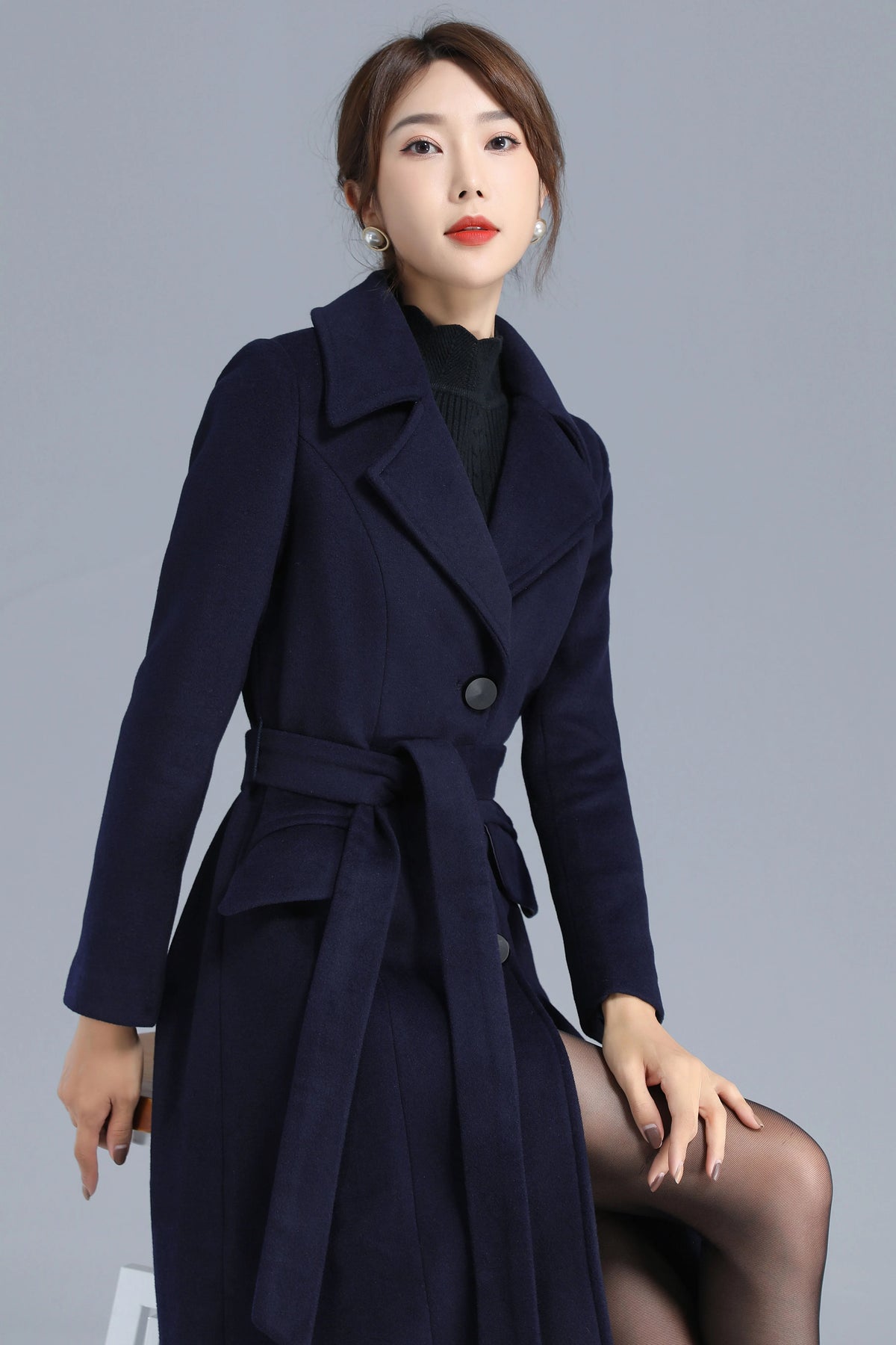 Navy Wool Coat - Single Breasted with Belted Waist 3205