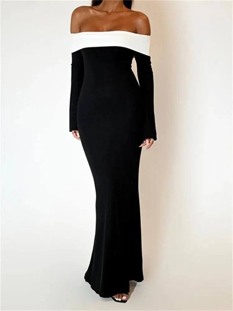 Sexy Women Slash Neck Off Shoulder Sleeve Contrast Color Slim Fit Party Formal Female Vestidos