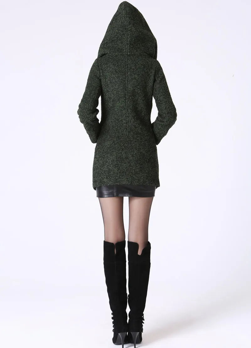 Forest Green Asymmetrical Wool Coat with Snood Hood – Modern Short Winter Jacket 1056