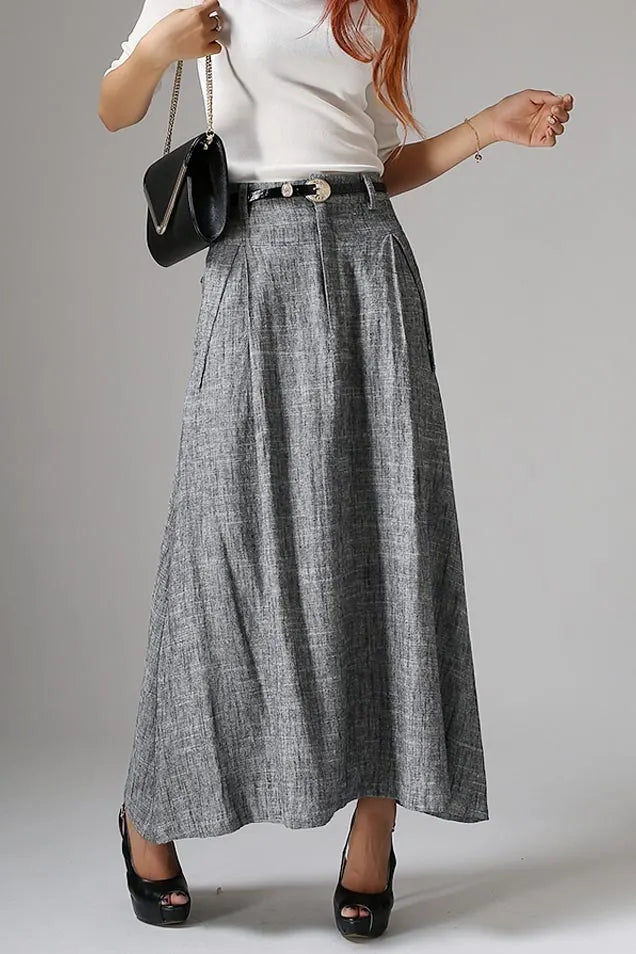 Gray Linen Maxi Skirt - Pleated Waist with Side Pockets 1039