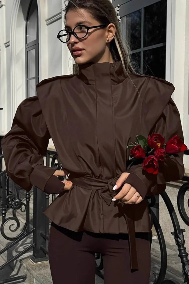 Tie-Waist Collared Long-Sleeve Loose Trench Coat