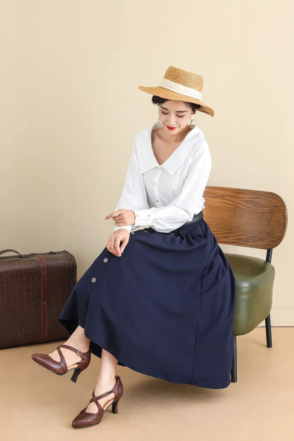 Navy Buttoned Cotton Blend Midi Skirt - A-Line, Vintage Inspired 2786