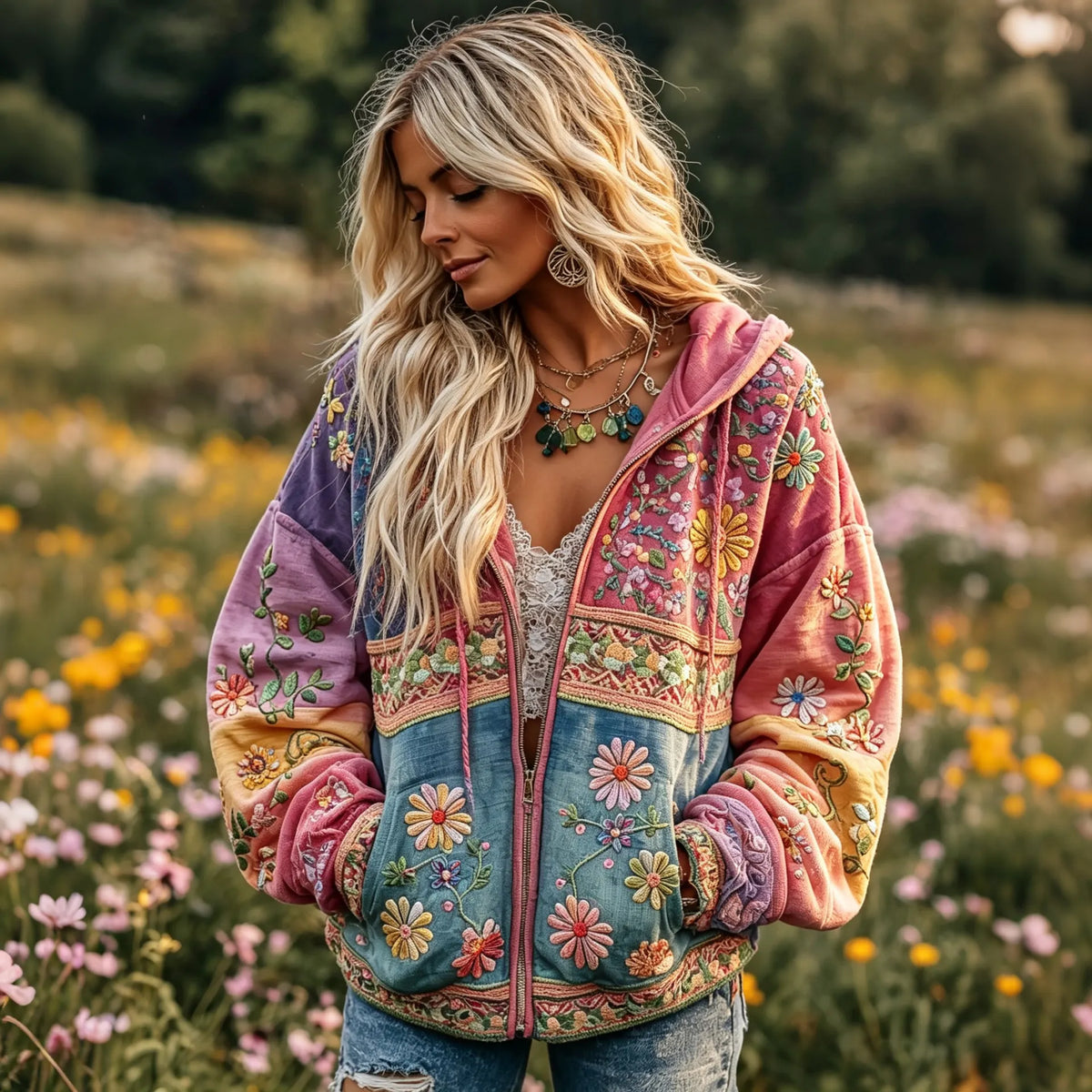 Women's Retro Hippie Floral Patchwork Embroidery Art Casual Zipper Hoodie