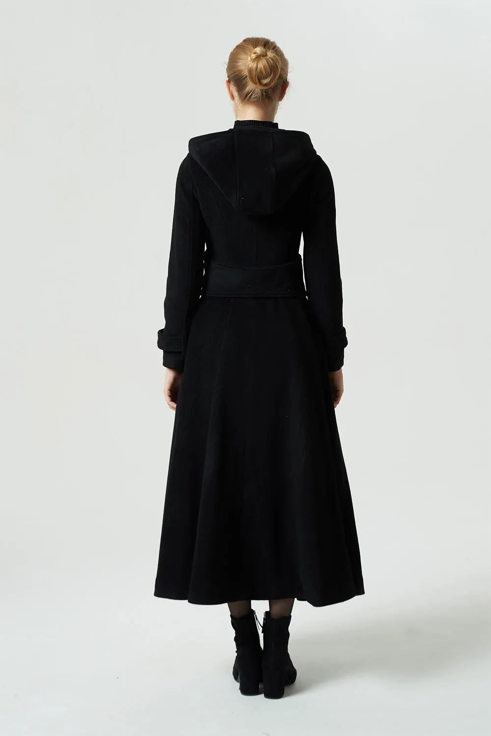 Black Wool Blend Hooded Maxi Coat - Military Style with Wide Waistband 1953