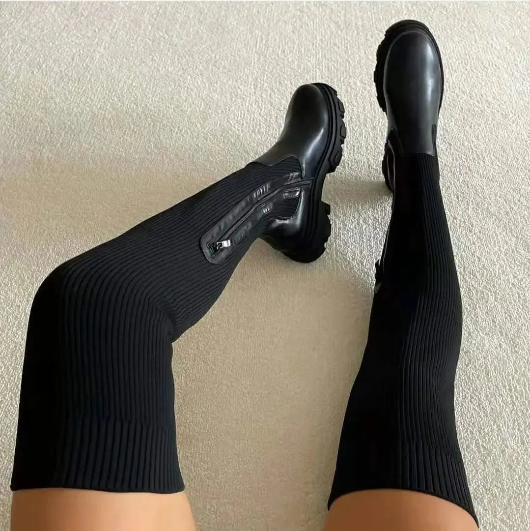 Women's Knee-High Boots with Elastic Knitted Shaft