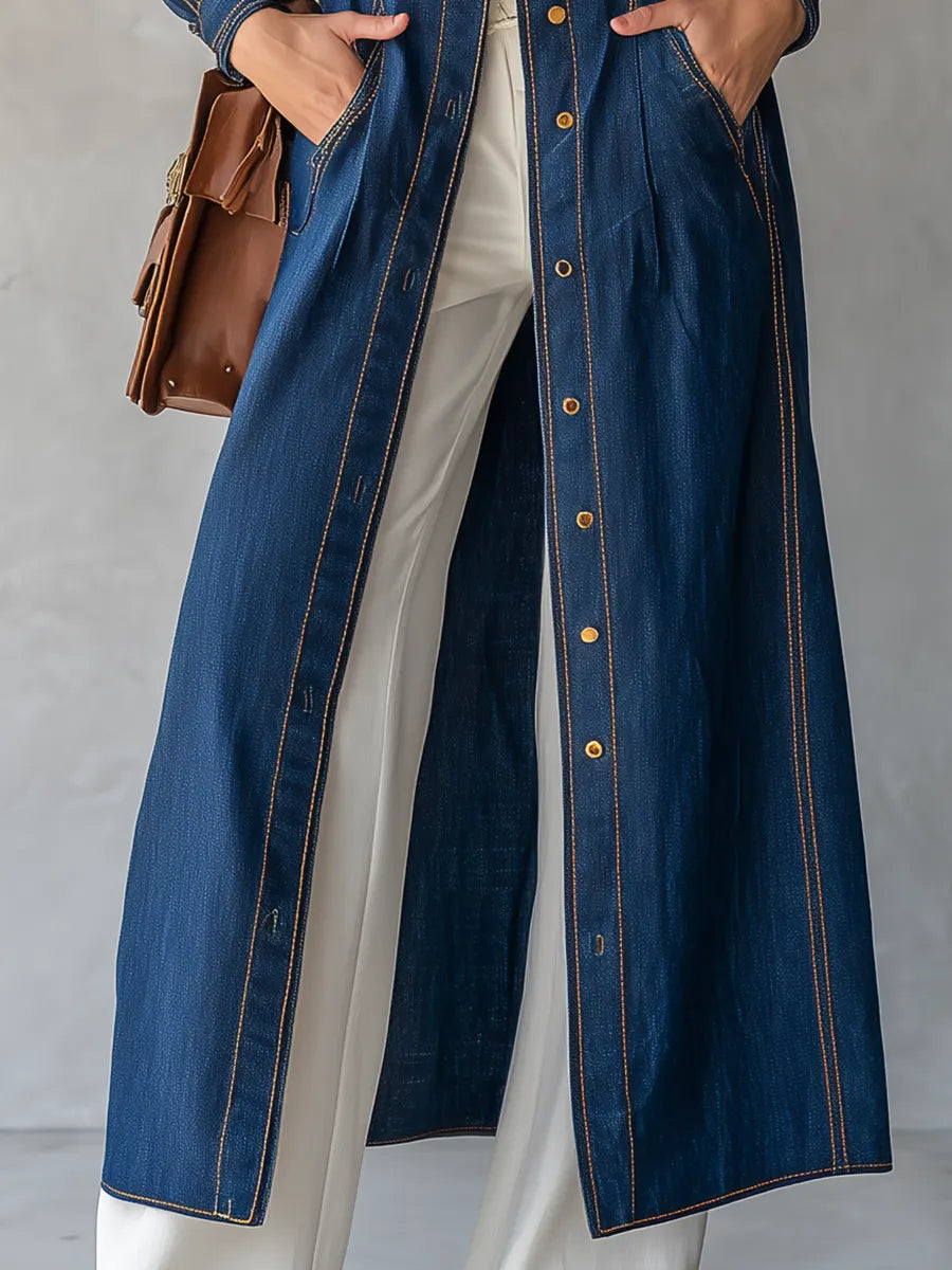 Belted Indigo Contrast Stitching Denim Duster Coat