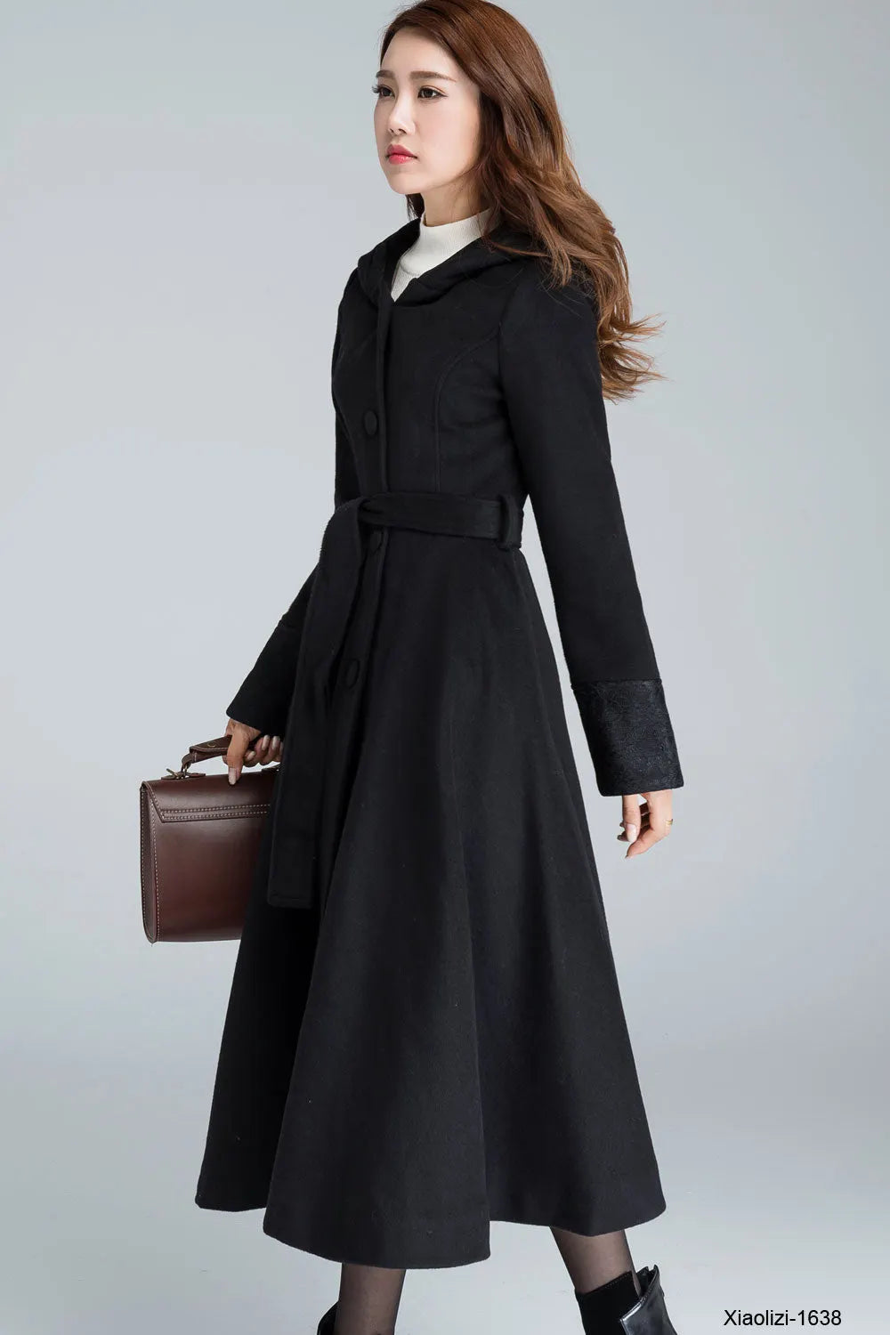 Xiaolizi Black Hooded Wool Coat for Women – Handmade Fit-and-Flare Winter Coat with Belt 1638