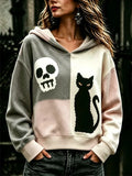 Women's Halloween Skeleton Cat Colorblock Long Sleeve Sweatshirt