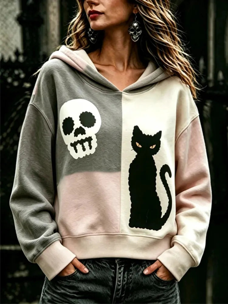 Women's Halloween Skeleton Cat Colorblock Long Sleeve Sweatshirt