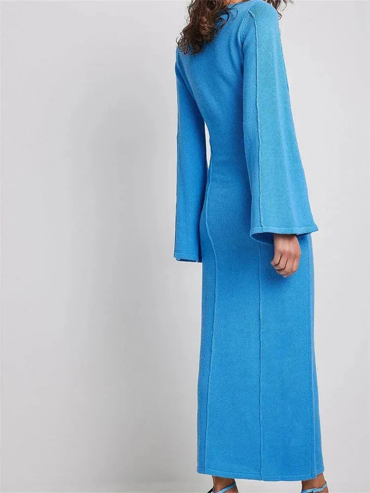 Elegant Women Knitted Patchwork Vintage Flare Sleeve Round Neck Slim Fit Solid Party Vestidos