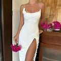 Floral Applique Slit Backless Birthday Vestido Summer Ruched Midi Dress
