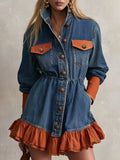 Blue Denim Ruffle Hem Button Front Mini Dress