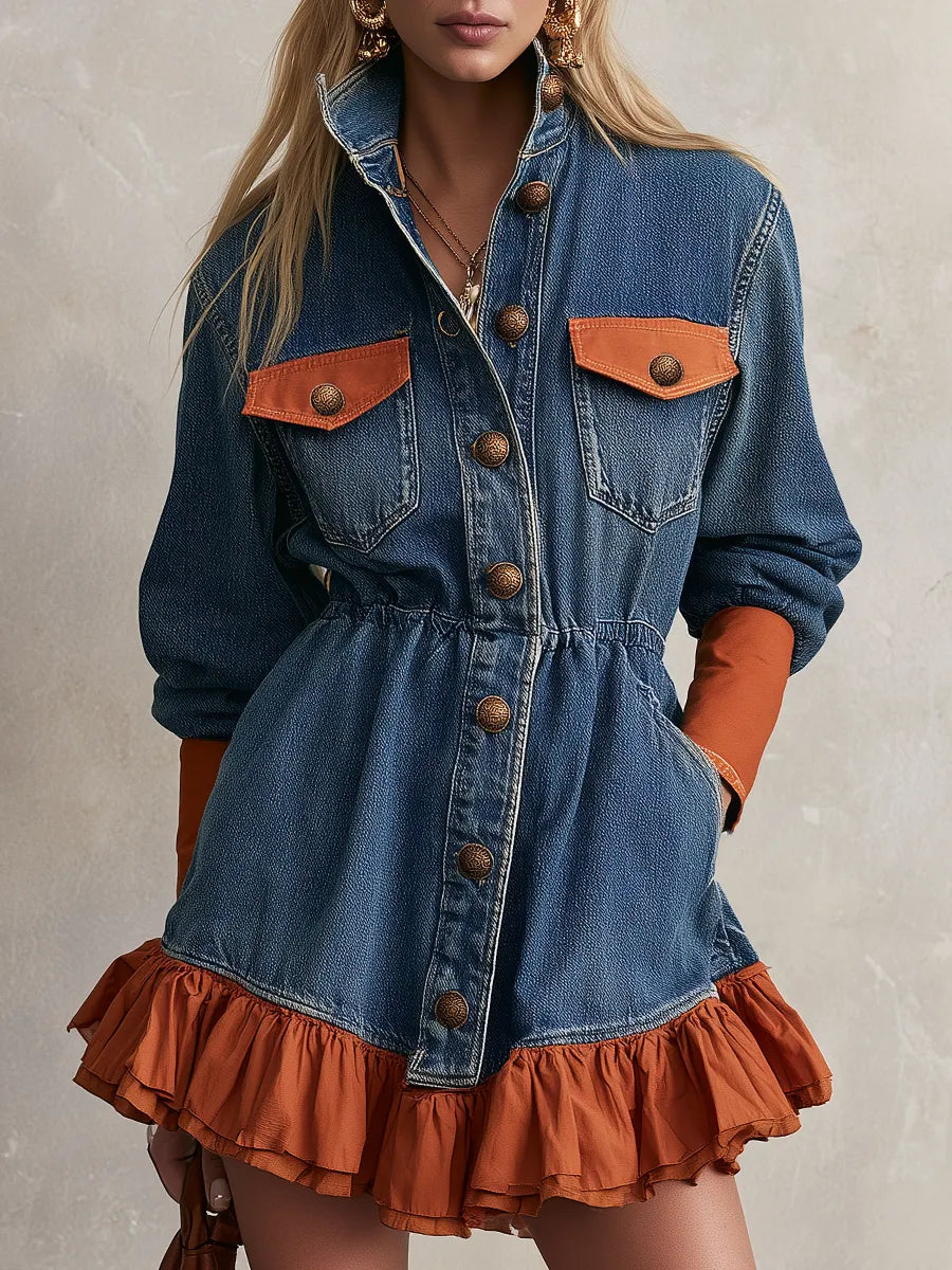 Blue Denim Ruffle Hem Button Front Mini Dress