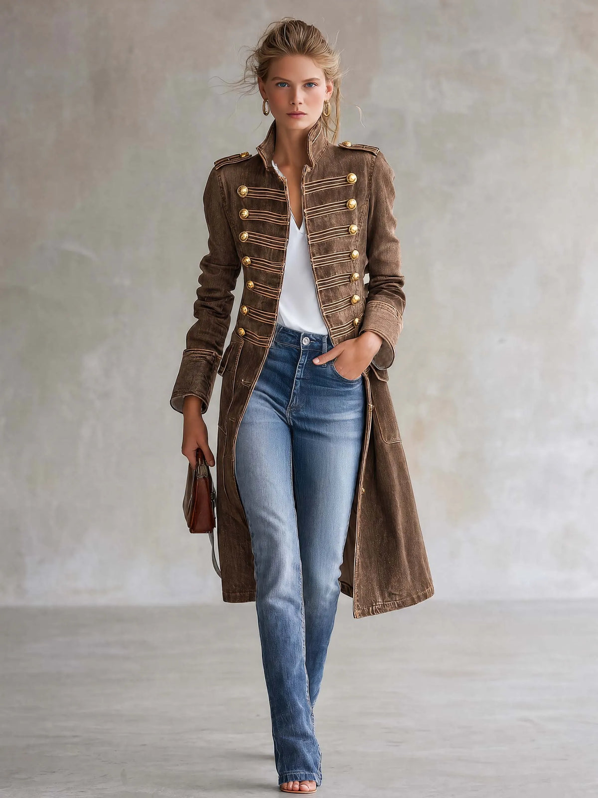 Vintage Washed Denim Military Officer Longline Gold-Button Fitted Statement Coat Women