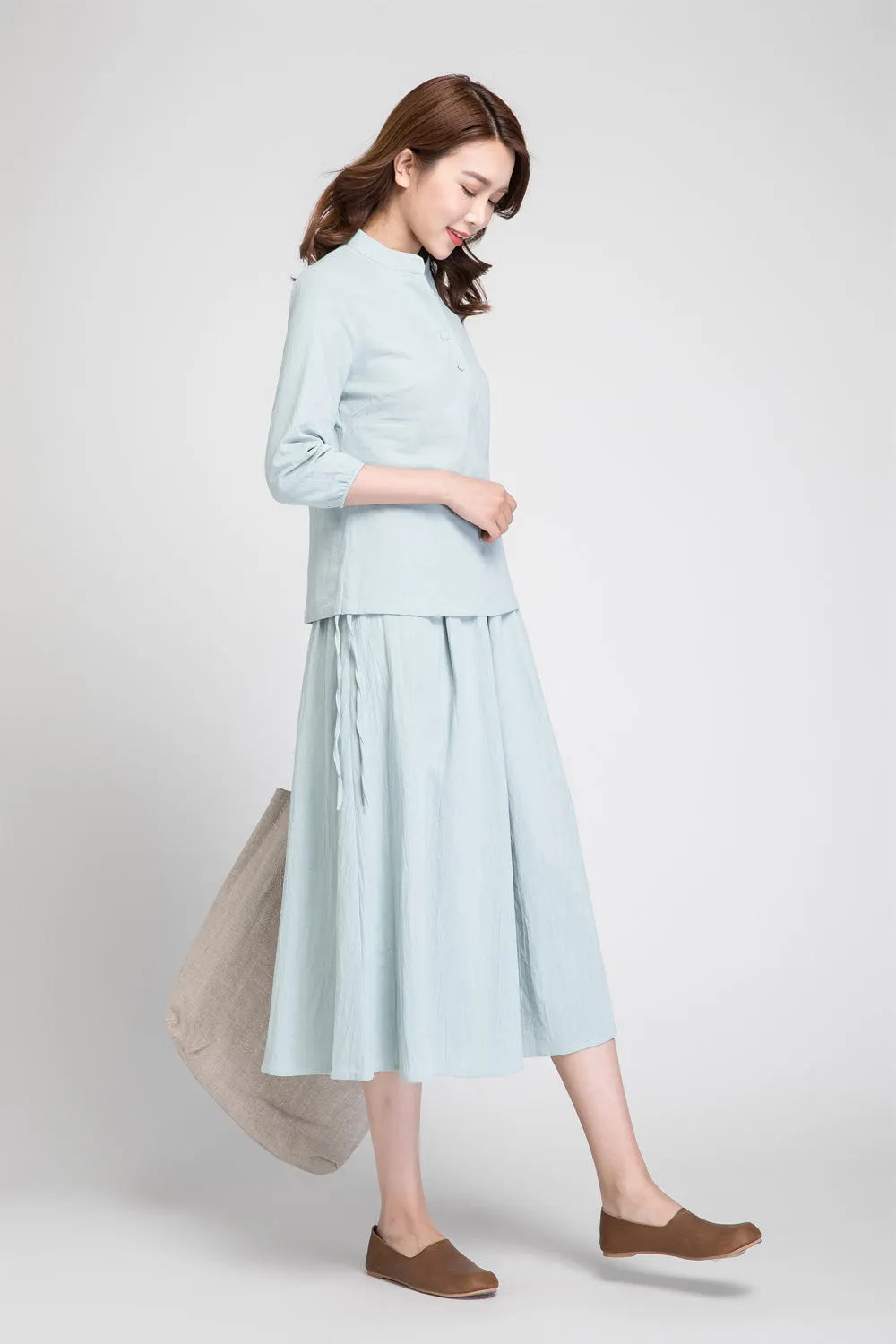 Mint Linen Blouse - Banded Neckline with Button Detail 1881