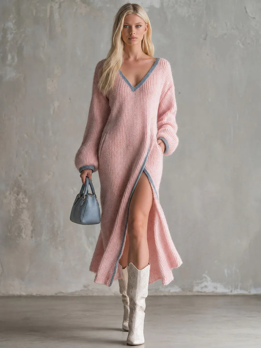 Retro-elegant Pink Color-blocked Trim V-neck Ribbed Knit Midi Dress