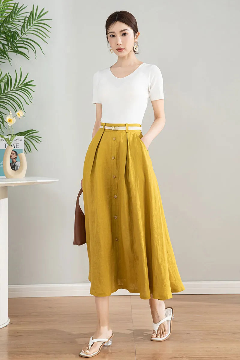 Handmade Linen Cotton Midi Skirt with Pockets 