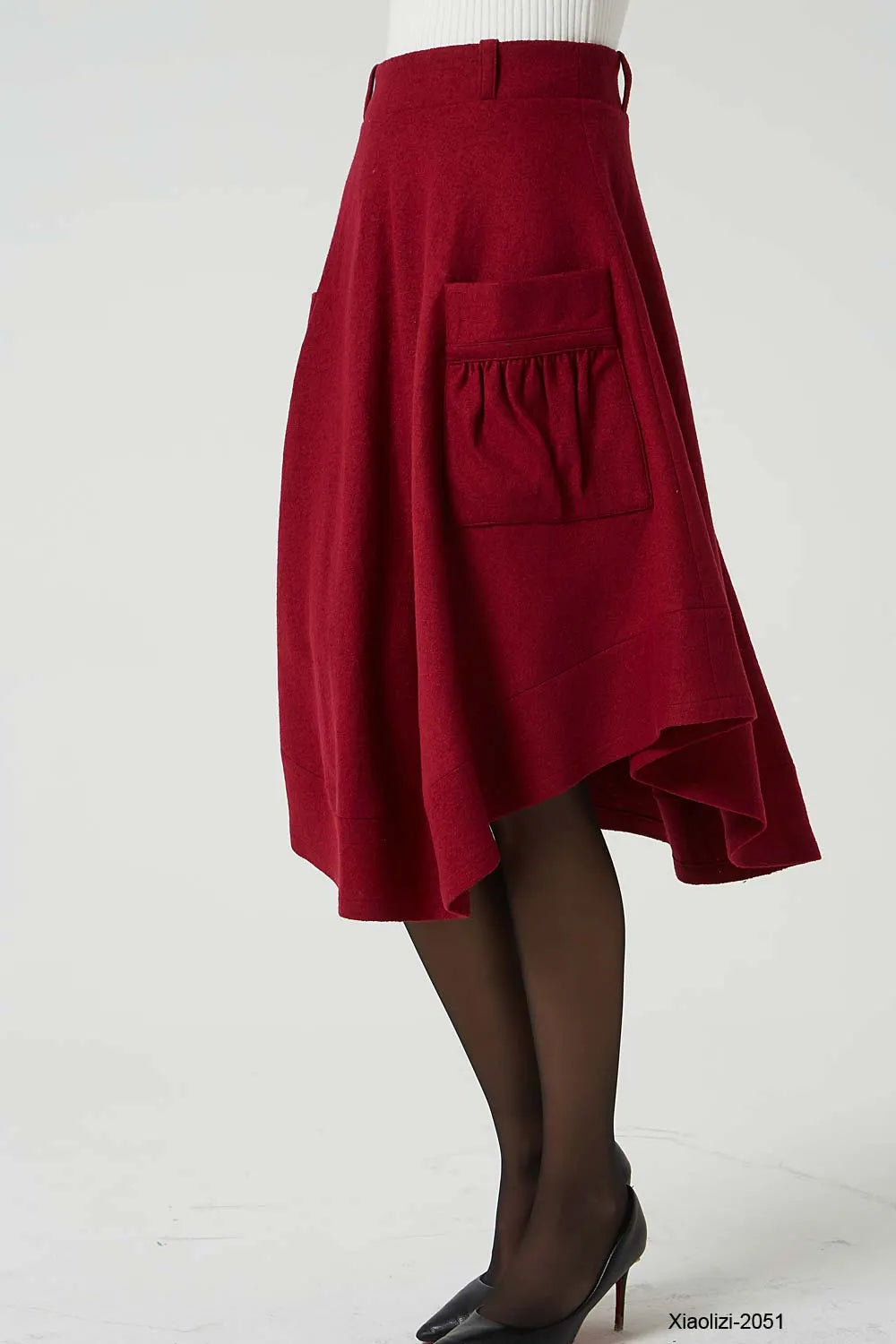 Red Wool Skirt - High Waisted with Asymmetrical Hem and Pockets 2051