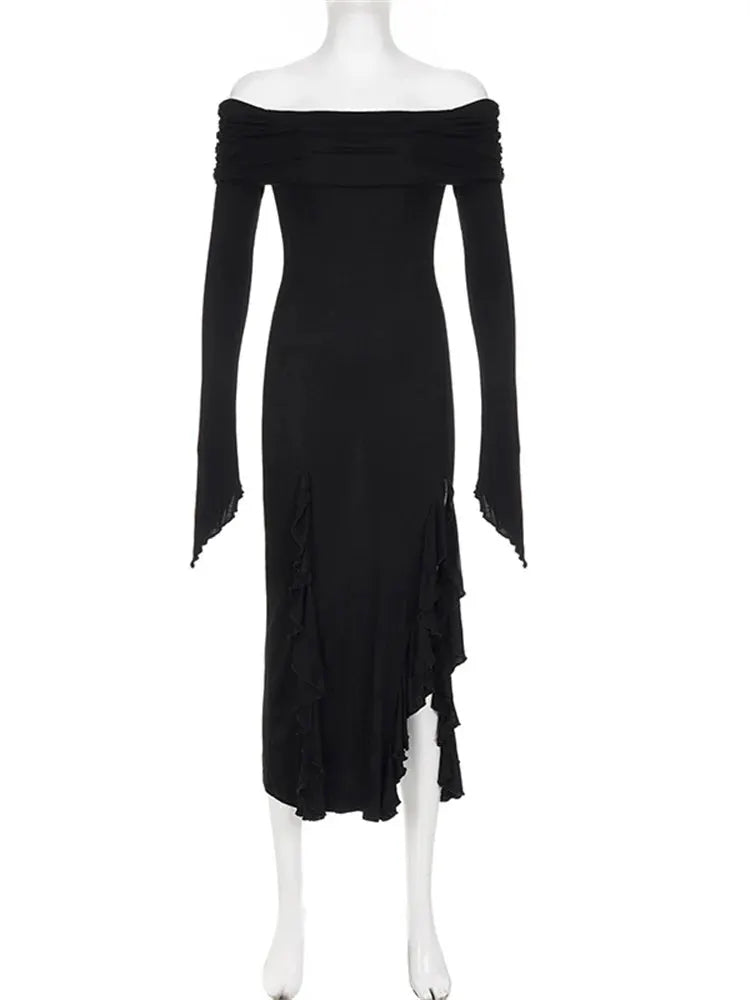 Elegant Women Slash Neck Off Shoulder Flare Sleeve Party Irregular Hem Ruffles Female Vestidos