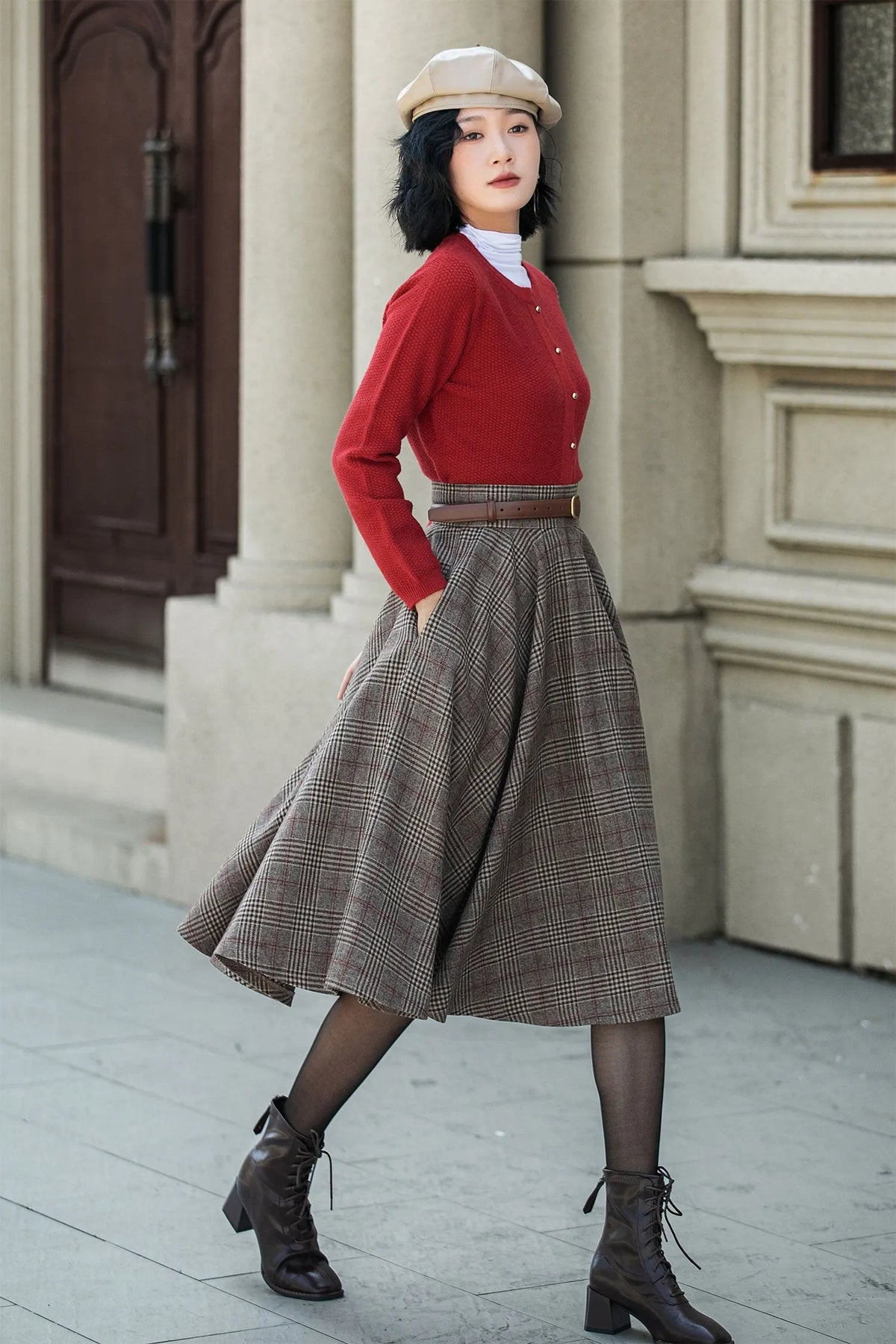Plaid Wool Midi Skirt – Vintage High Waist Pleated Circle Skirt 5306