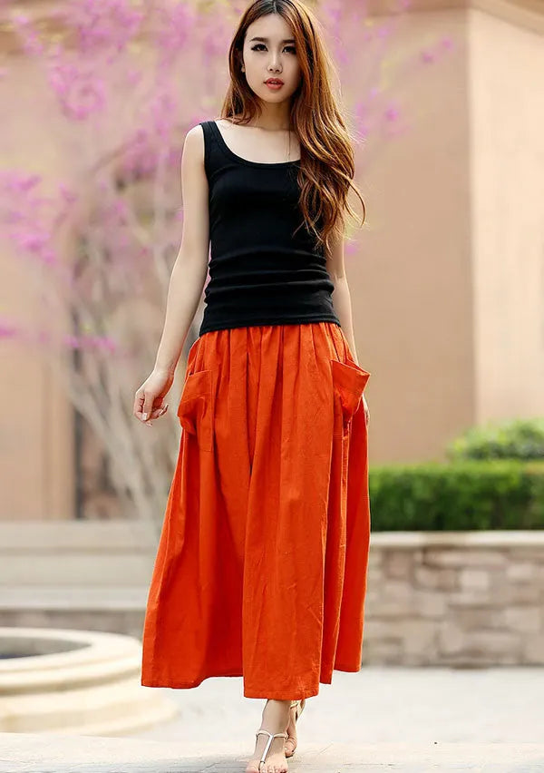 Orange Linen Maxi Skirt - Oversized Pocket and Elastic Waist 958