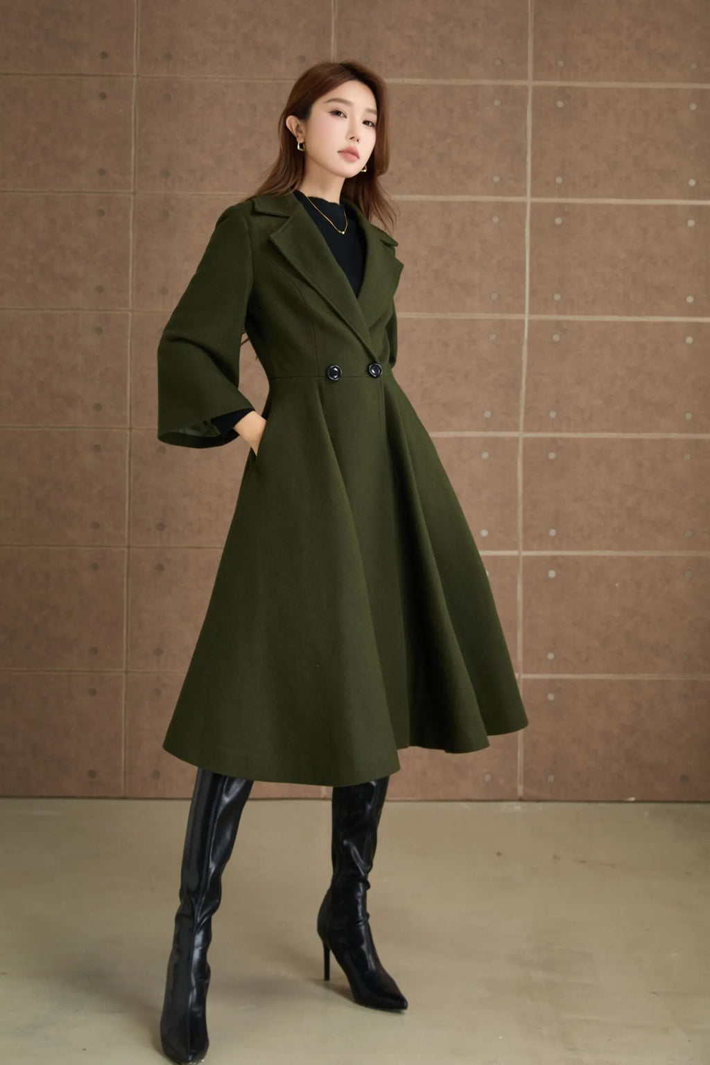 Green Wool Princess Coat - Fit and Flare, 3/4 Sleeves 5364