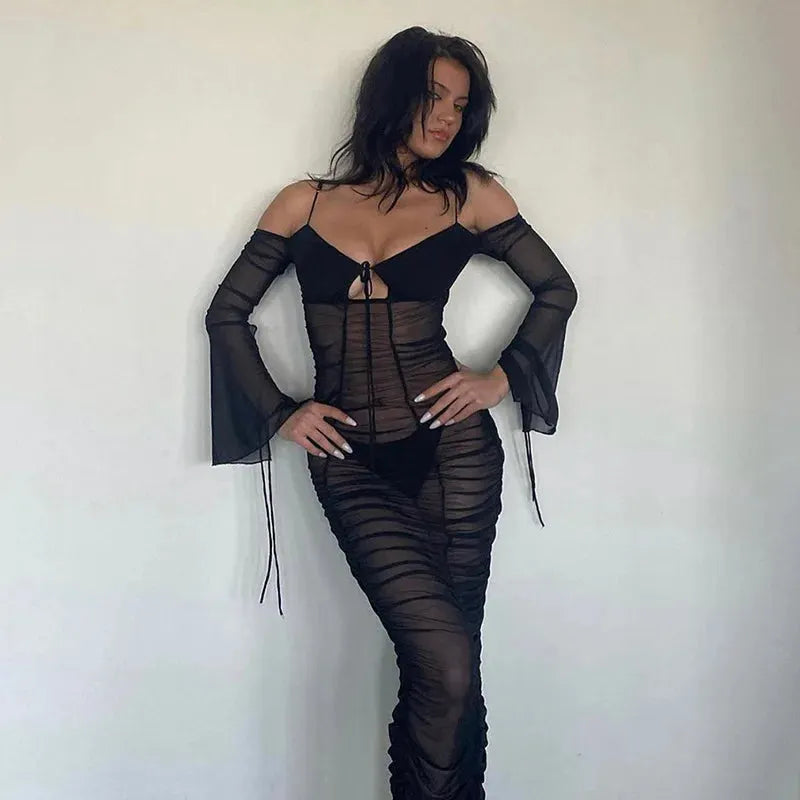 Fashion Mesh See Through Tie Front Maxi Dress