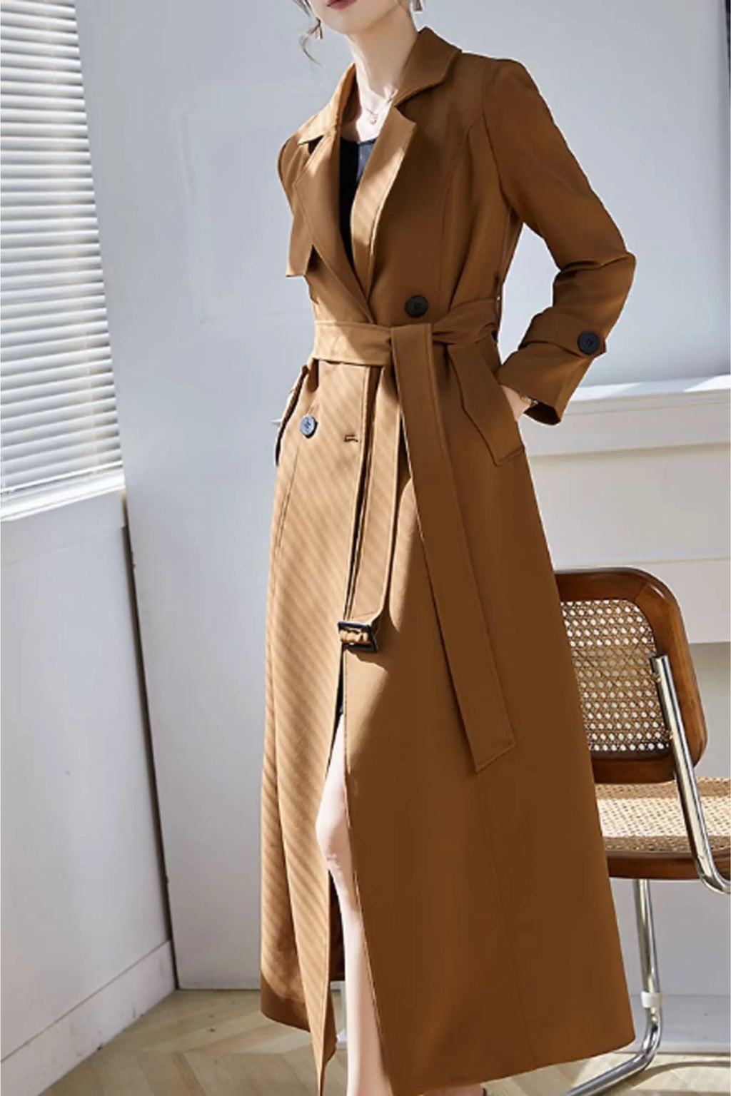 Camel Polyester Maxi Trench Coat - Tie Belt Waist, Lapel Collar 4600