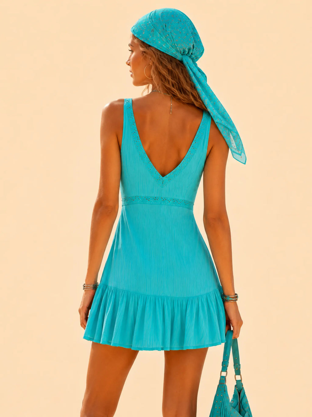 Chic for Coastal Escapes — Vibrant Teal Ruffled Hem Tiered Sun Mini Dress