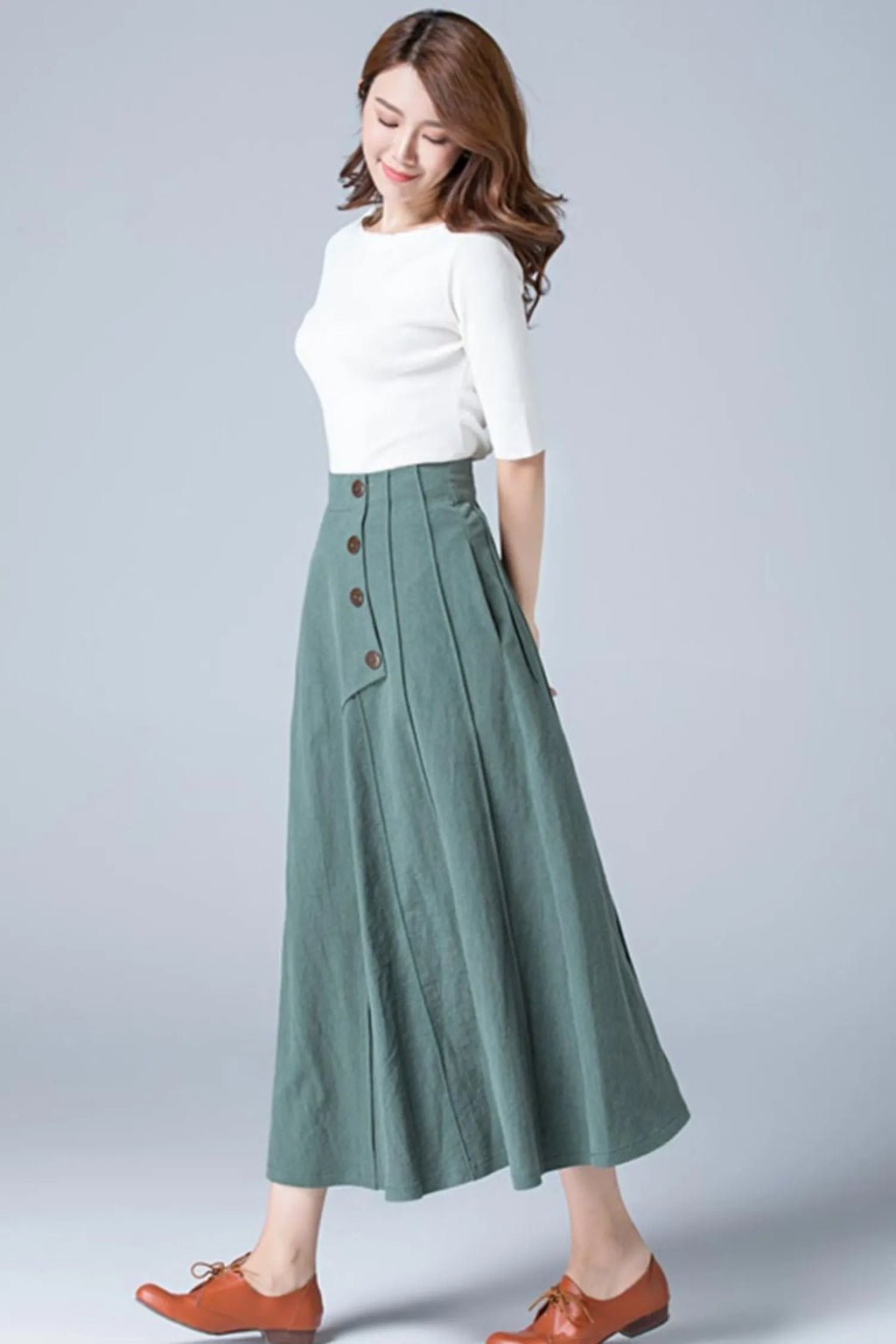Green Linen Maxi Skirt - A-Line with Button Detail 1775