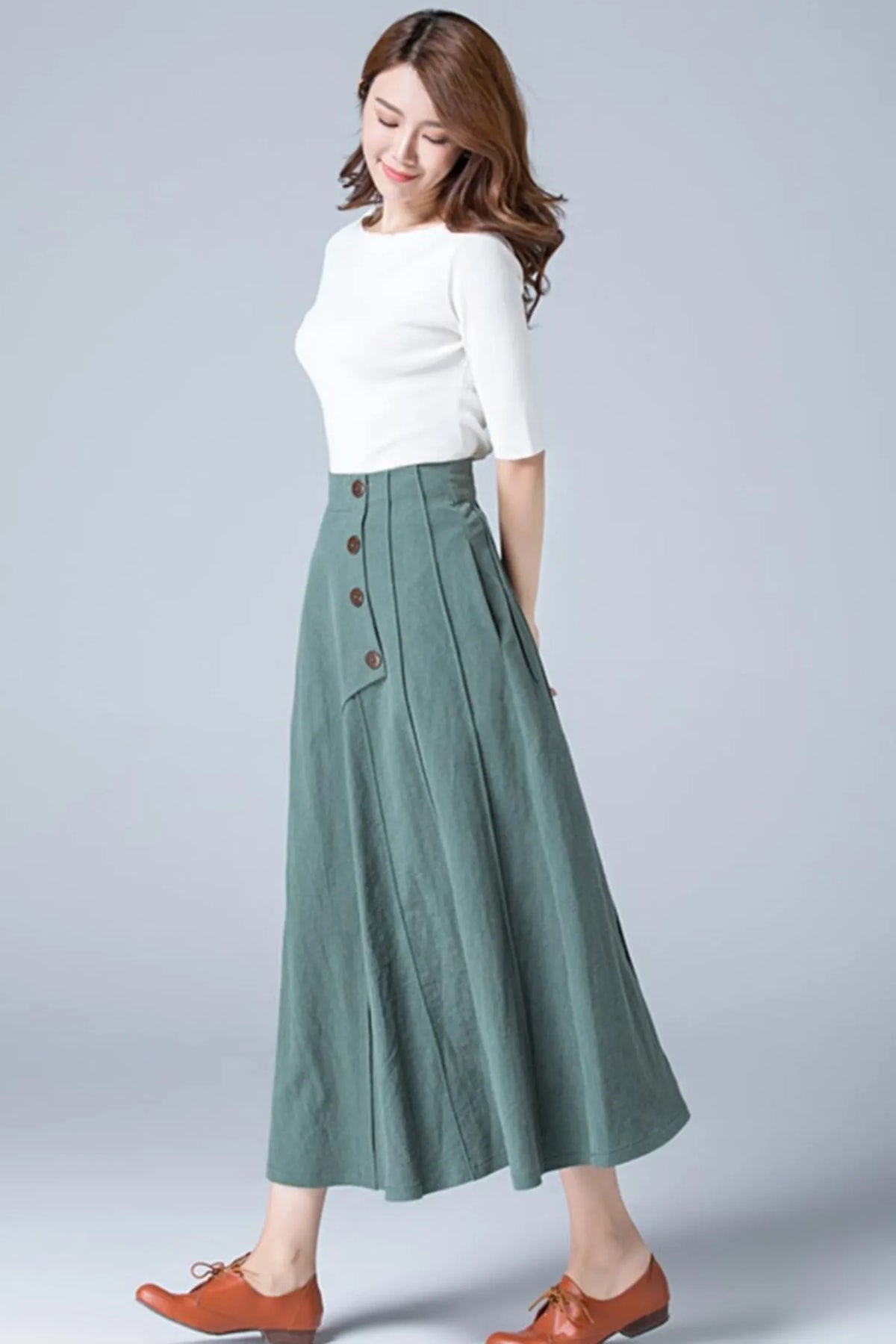 Green Linen Maxi Skirt - A-Line with Button Detail 1775