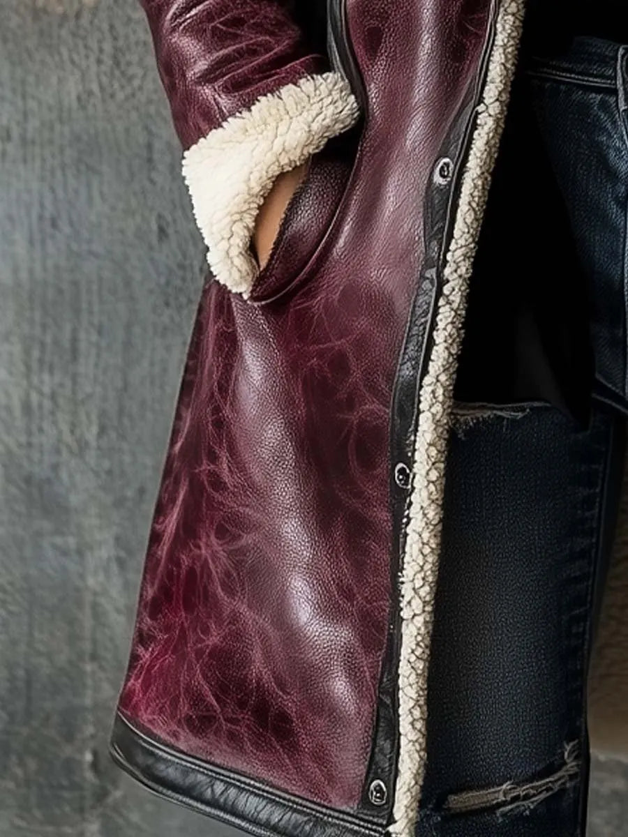 Women's Vintage Burgundy Lambskin Faux Leather Coat