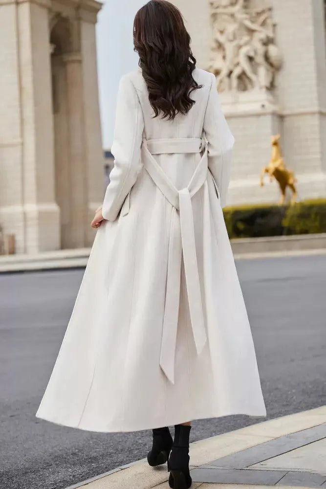 Beige Wool Coat – Handmade Long Double Breasted Belted Winter Overcoat for Women 3978