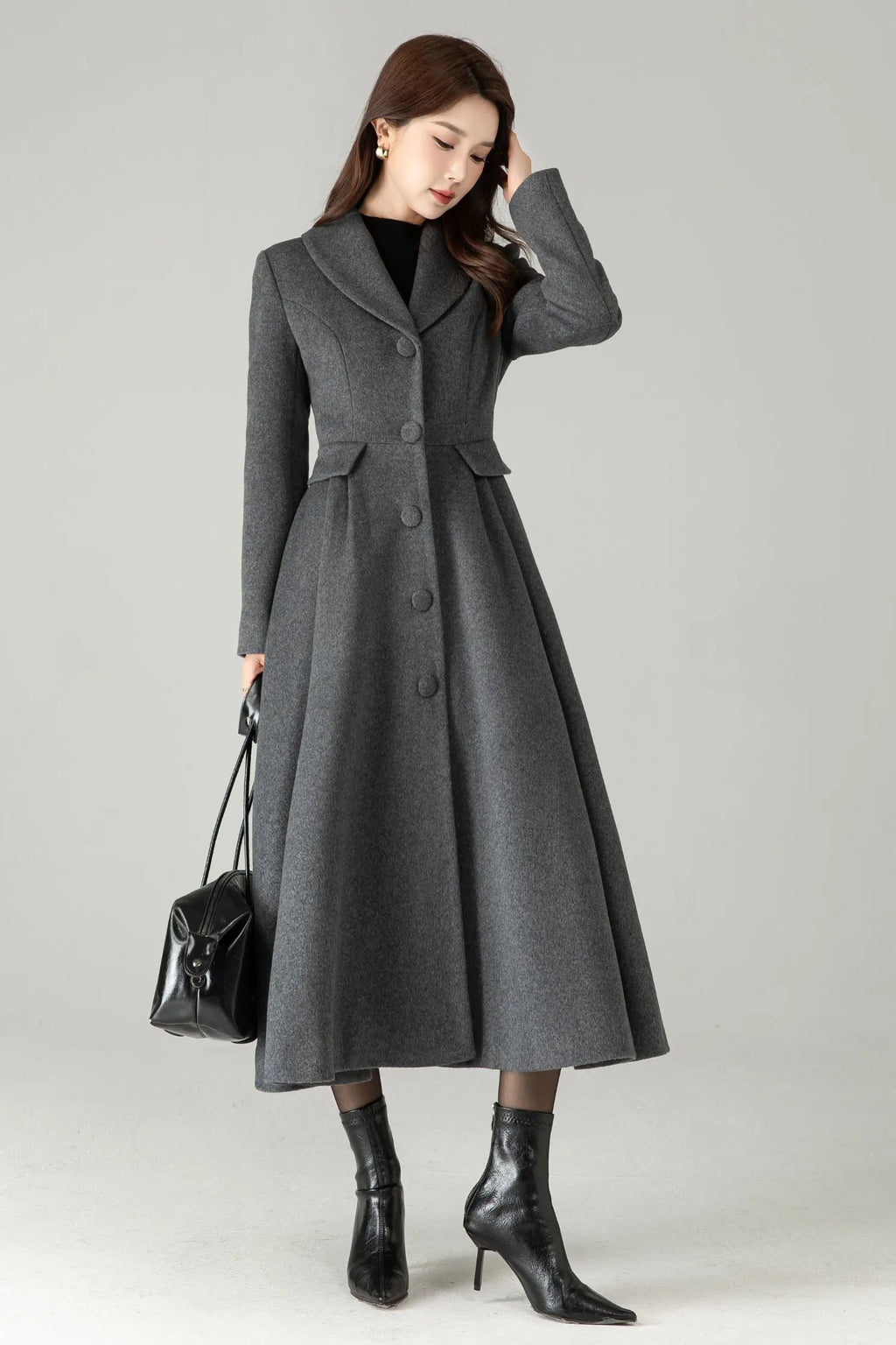 Gray Wool Maxi Coat – Single-Breasted Fit & Flare Long Winter Coat 