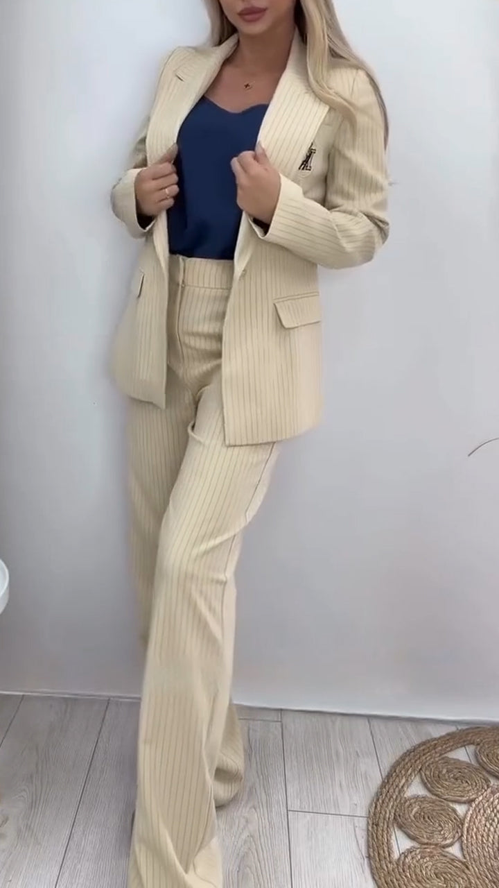 Women Collar Vertical Stripe Temperament Commuting Suit