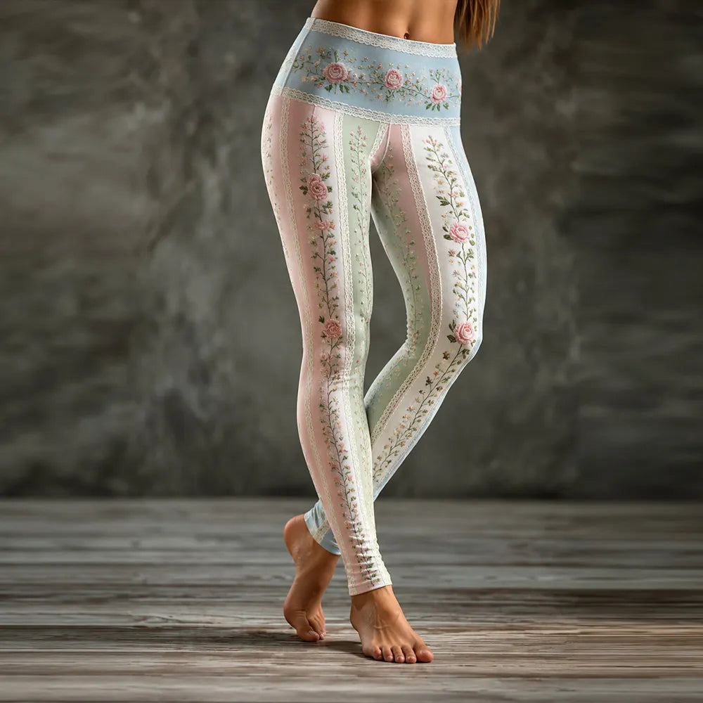 Women's Vintage Pink Floral Art Slim Fit Leggings