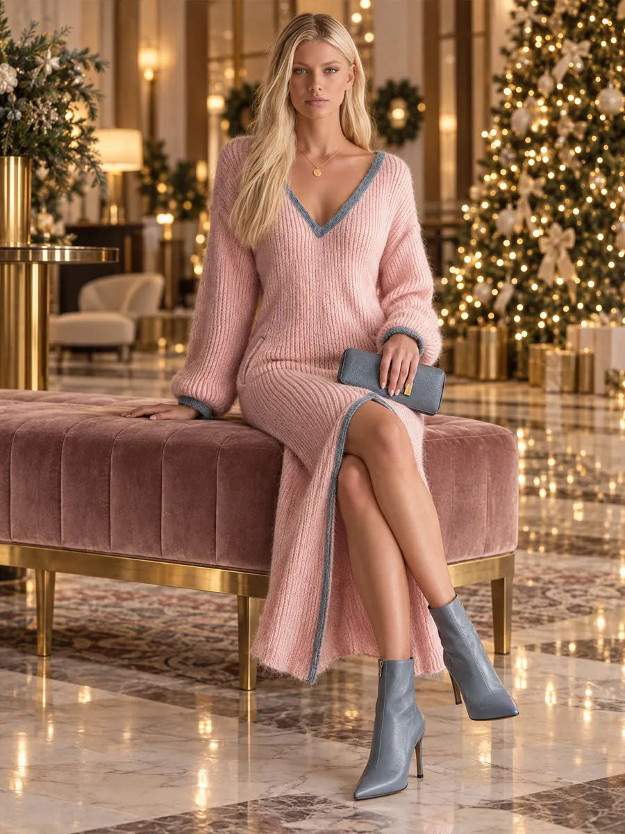 Retro-elegant Pink Color-blocked Trim V-neck Ribbed Knit Midi Dress