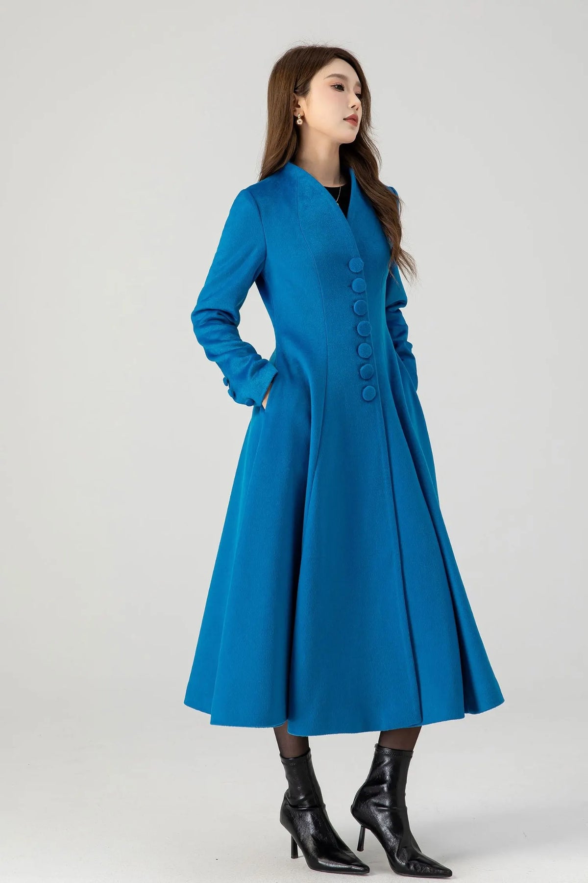 Blue Wool Swing Midi Coat - Double-Breasted Elegant Fit 4602