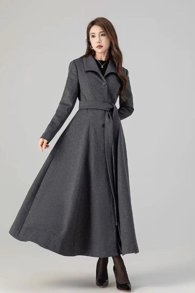 Vintage Gray Wool Blend Coat – Elegant Belted A-Line Maxi Coat 