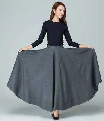 Grey Wool Blend Maxi Circle Skirt - Pleated A-Line 