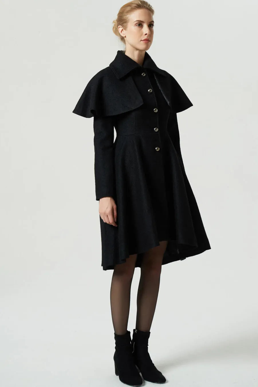 Black Wool Blend Cape Coat – Handmade Vintage High-Low Winter Elegance 1975