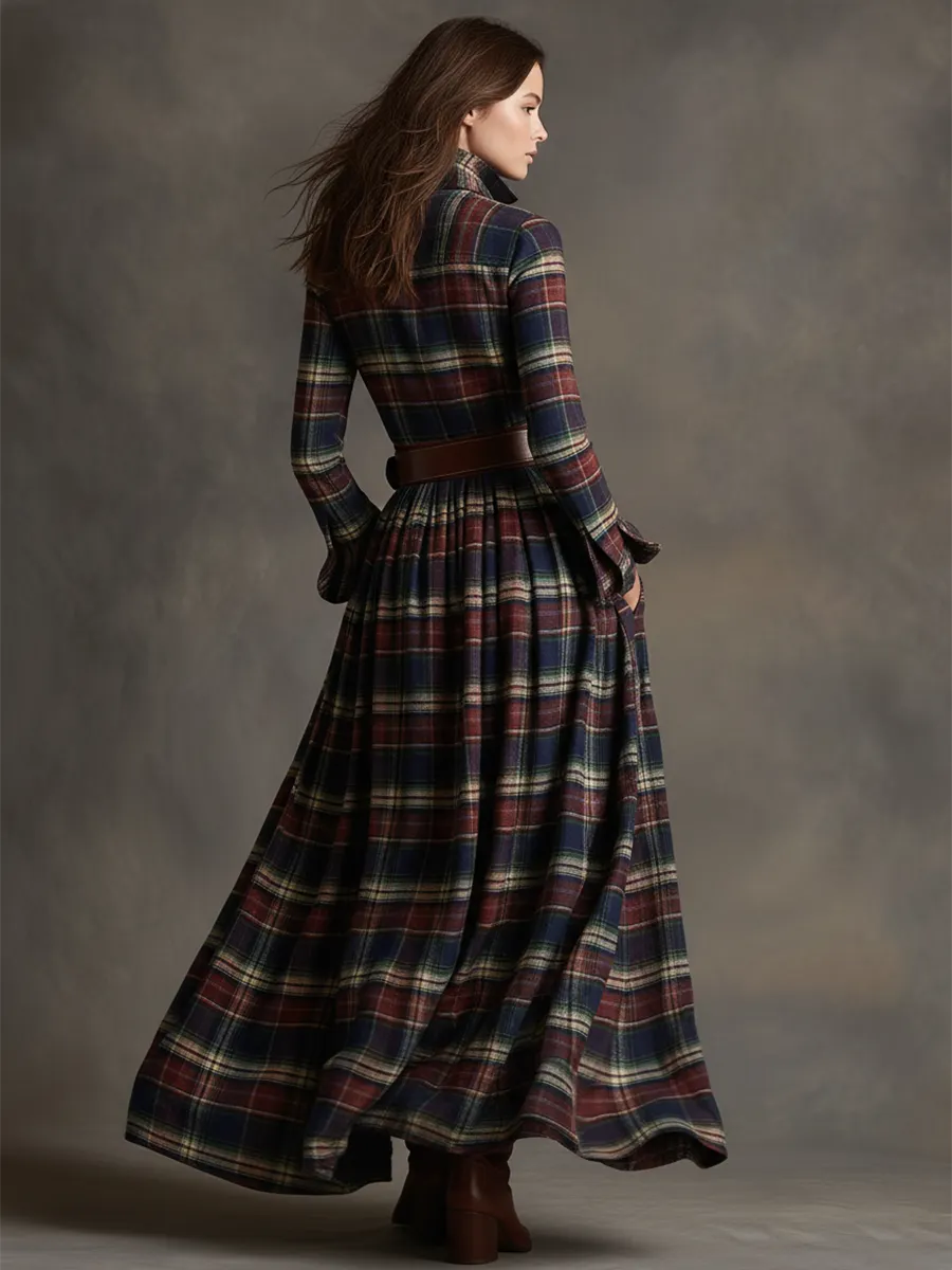 Retro Ethnic Style Lapel Reddish Brown Plaid Maxi Dress