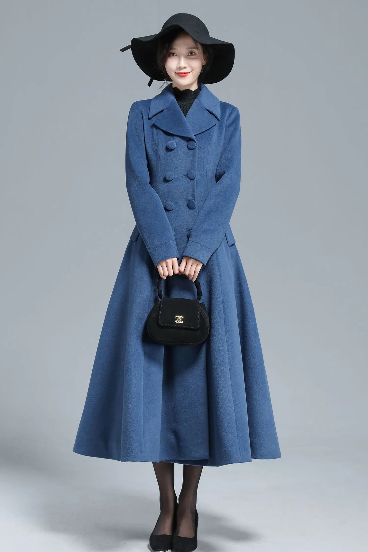 Blue Wool Maxi Coat - Vintage Inspired Fit & Flare Silhouette 3127