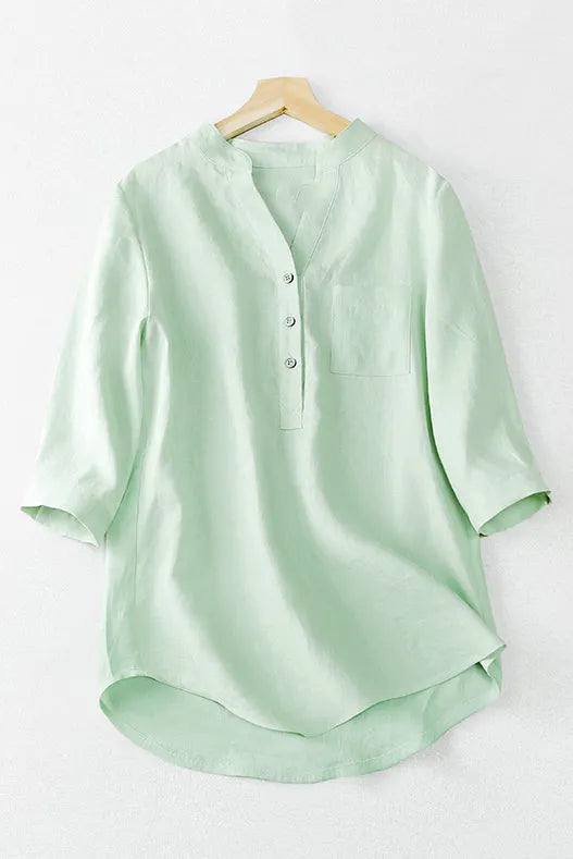 Light Green Linen V-Neck Top - Loose Fit with Pocket 3661