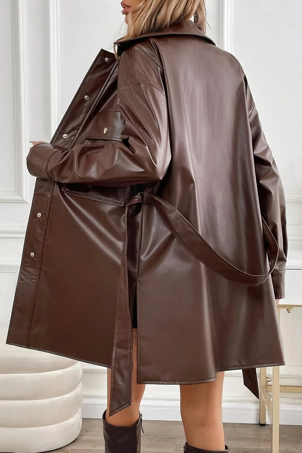 Mid-Length Windproof PU Belted Coat