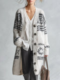 Stylish And Warm White Geometric-Pattern Knit Cardigan
