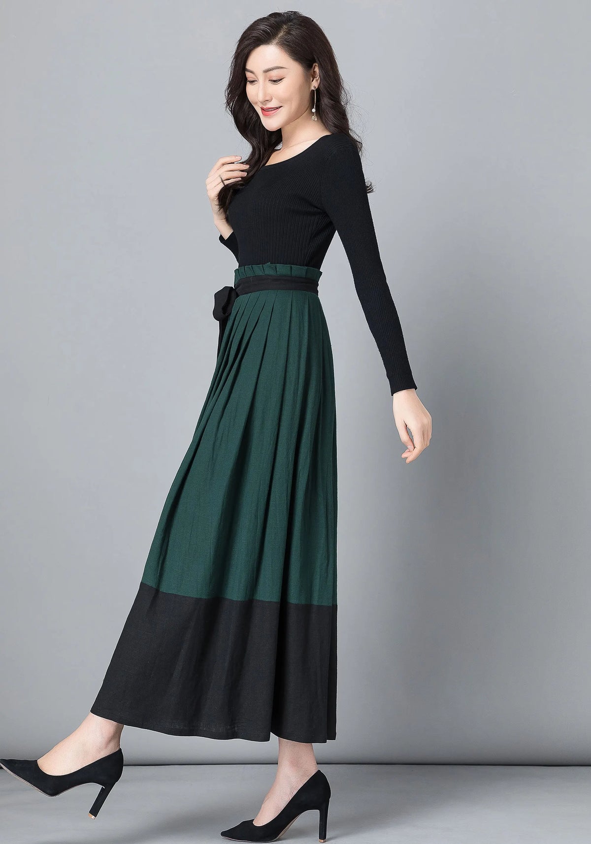 Handmade Wool Wrap Maxi Skirt – Dark Green & Black Color-Block 