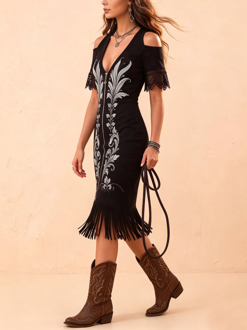 Western-Style Short Skirt — Carbon Black Midi Dress With Silver Thread Embroidery, Tassel Hem, And Velvet Texture.