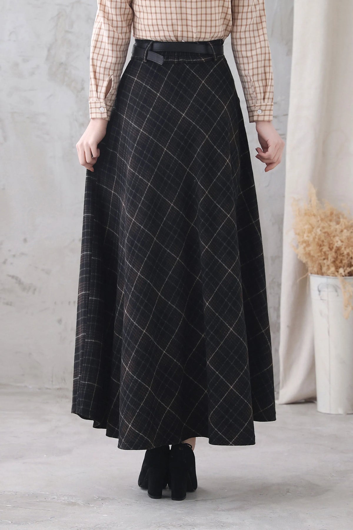 Plaid Wool Blend Maxi Skirt – Handmade High Waist Flared Winter Elegance 3321